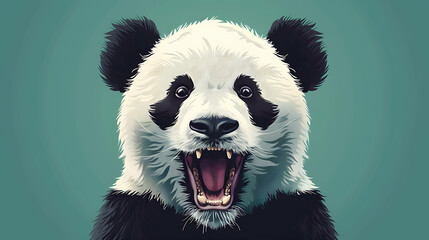 A close-up portrait of a panda bear with its mouth open, revealing sharp teeth.