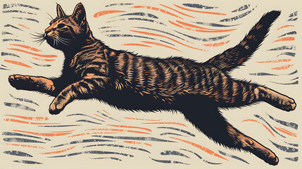 Sticker - A stylized illustration of a cat leaping through the air.