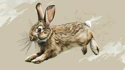 A cute bunny rabbit leaps through the air with its ears perked up.