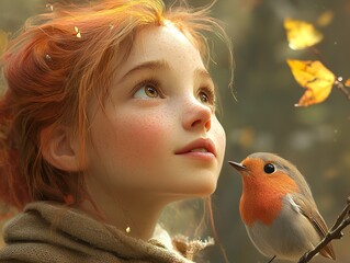 A Young Girl Gazes at a Robin in the Autumn Forest