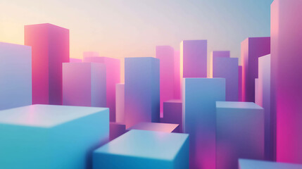 Wall Mural - Abstract 3D rendering of colorful blocks, resembling a cityscape at sunset.