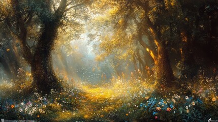 Wall Mural - Enchanted Forest with Sunlight and Wildflowers