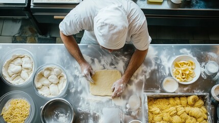 Wall Mural - A chef prepares fresh pasta dough in a bustling kitchen, showcasing culinary techniques and ingredients during the daytime