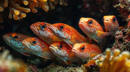  shoal of red Blotcheye soldier fish (Myripristis murdjan) nestled under a reef. Their vibrant red color and curious nature,  underwater scene the beauty of marine life