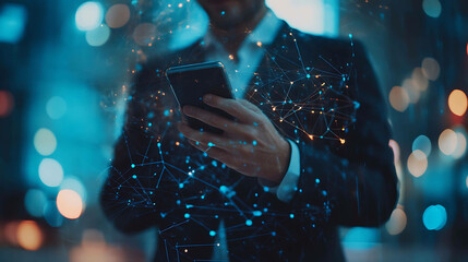 Wall Mural - Businessman using smartphone with glowing network connection.