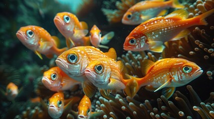  shoal of red Blotcheye soldier fish (Myripristis murdjan) nestled under a reef. Their vibrant red color and curious nature,  underwater scene the beauty of marine life