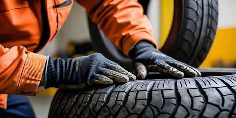 seasonal tire change process mechanic expertly swaps winter and summer tires tools scattered nearby focus on hands and tires garage setting (19)