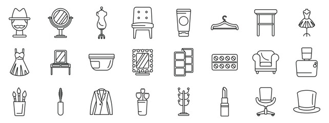 Backstage theater room icons set. Set of icons representing fashion design studio equipment, tools and furniture drawn in black thin line style