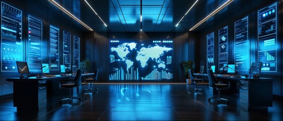 Canvas Print - A high-tech control room featuring multiple screens displaying data and a world map, illuminated in blue tones.