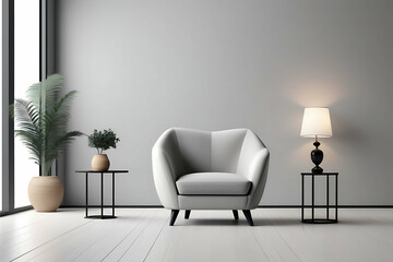 Modern minimalist interior with an armchair. Minimalist Space with a Touch of Green