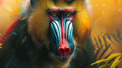 Vibrant Mandrill Primate with Captivating Facial Features in Lush Tropical Jungle Setting