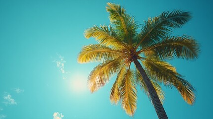 an Coconut palm tree standing tall against a clear blue sky, evoking tropical and vacation vibes.