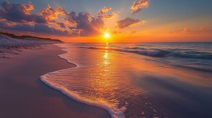 an Beautiful sunrise over Pensacola Beach, highlighting the soft golden light and tranquil waves.