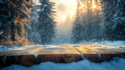 a Snow-covered wooden table with a winter landscape and gentle snowfall, evoking a serene and cold ambiance.