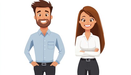 Vector illustration of a happy office worker man and woman, standing front view, smiling cartoon characters, white background