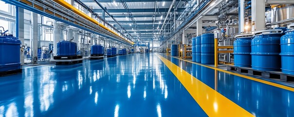 Aufkleber - Detailed view of resin injection factory piping, blue and white color palette, clean environment, plastic pallet production, realistic and commercial shot