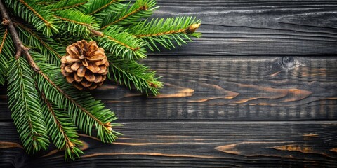 Christmas fir tree branches and pine cones on rustic black wooden board for holiday decor