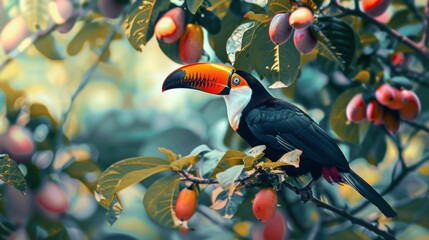 Vibrant Toucan Perching on Lush Tropical Branch with Colorful Fruit