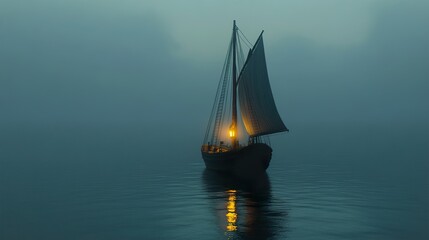 Wall Mural - Sailboat in Foggy Sea - Serene Landscape Artwork