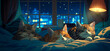 © LK  - Cats sleeping sweetly on a bed under the light of a lamp, in front of an open window with the blue lights of the city outside. The concept is peaceful.