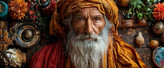 A striking portrait of an elderly man with a long white beard, wearing a vibrant traditional turban. The detailed background features ornate objects and flowers, creating an intimate and cultural