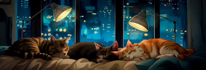 Cats sleeping sweetly on a bed under the light of a lamp, in front of an open window with the blue lights of the city outside. The concept is peaceful.