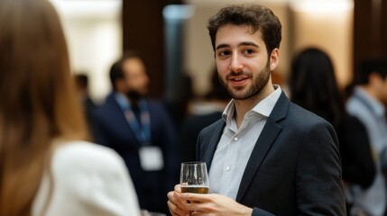 A businessperson networking at a cocktail reception, discussing business strategies over drinks.