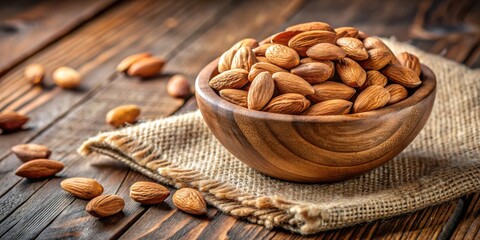 Delicious almond nuts in a rustic wooden bowl on a textured table setting