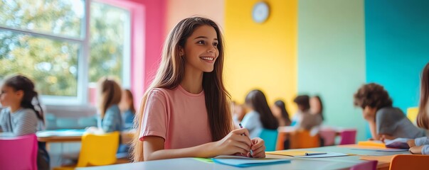 Poster - Creative scene of a teacher helping students with individual projects, contemporary classroom setting, vibrant colors, engaging and diverse