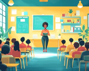Poster - Illustration of a diverse teacher leading an engaging classroom lesson, modern educational environment, vibrant colors, dynamic and interactive design