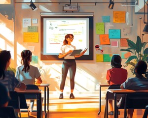 Poster - Illustration of a diverse teacher leading an engaging classroom lesson, modern educational environment, vibrant colors, dynamic and interactive design