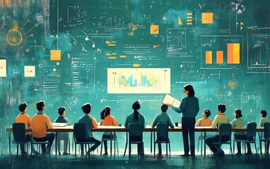 Poster - Illustration of a teacher guiding students through a math lesson, modern educational tools, bright and clean design, diverse group of learners
