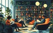 © Nattapat - Illustration of a vibrant reading space with people deeply involved in books, diverse and modern environment, cozy and inviting atmosphere