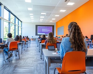 Poster - Modern classroom setting with students engaged in interactive learning, vibrant colors, contemporary design, clean and dynamic atmosphere