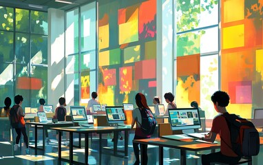 Poster - Modern learning scene featuring students exploring various subjects, engaging classroom environment, diverse group, bright and colorful