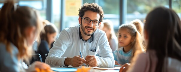 Poster - Stylish image of a teacher conducting a handson activity, modern classroom environment, diverse students, clean and vibrant design