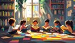 © Nattapat - Vibrant literacy scene showing children actively reading and learning, interactive classroom environment, diverse backgrounds, bright educational materials