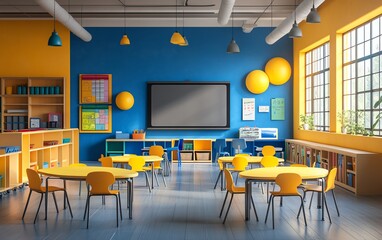 Poster - Dynamic image of educational tools like interactive screens and educational software in a contemporary classroom, engaging and colorful design