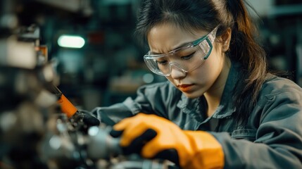 Sticker - Young Woman Mechanic Repairing Engine