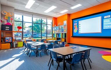 Poster - Modern educational tools setup featuring interactive whiteboards, tablets, and educational software, bright and engaging classroom design