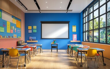 Poster - Modern educational tools setup featuring interactive whiteboards, tablets, and educational software, bright and engaging classroom design