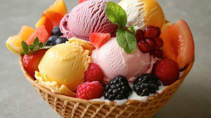 A delicious and creamy bowl of gelato in various flavors, with a waffle cone and fresh fruit garnishes.