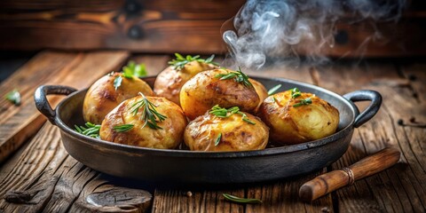 Close up of delicious baked potatoes in rustic cast iron skillet on wooden table with steam rising from crispy skin