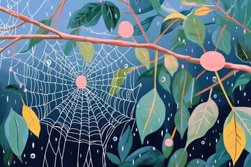 Illustration of intricate cobwebs adorned with dew against a dark backdrop Halloween themed design