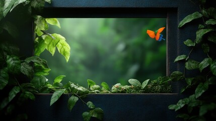 Wall Mural - Tropical Jungle Window: Serene Butterfly Moment