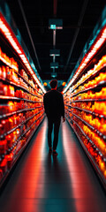 A man walks down a very long aisle of a store. The aisle is lit up with red lights