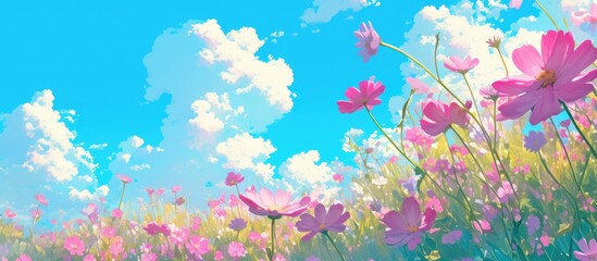 Canvas Print - Pink cosmos flowers blooming in a vibrant flower field under a bright blue sky