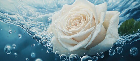 Canvas Print - Painting of a white rose submerged in water decorated with air bubbles