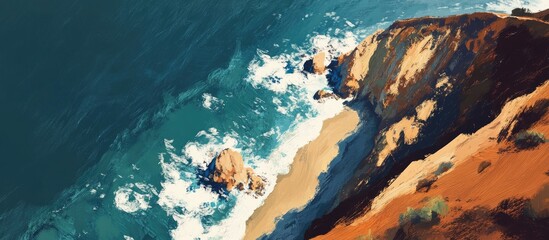 Aerial perspective of a coastal region showcasing cliffs and ocean waves