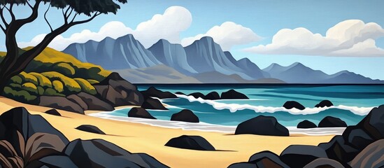 Beach scene featuring rocky coastline with waves framed by the dramatic backdrop of a mountain range captured from the ocean